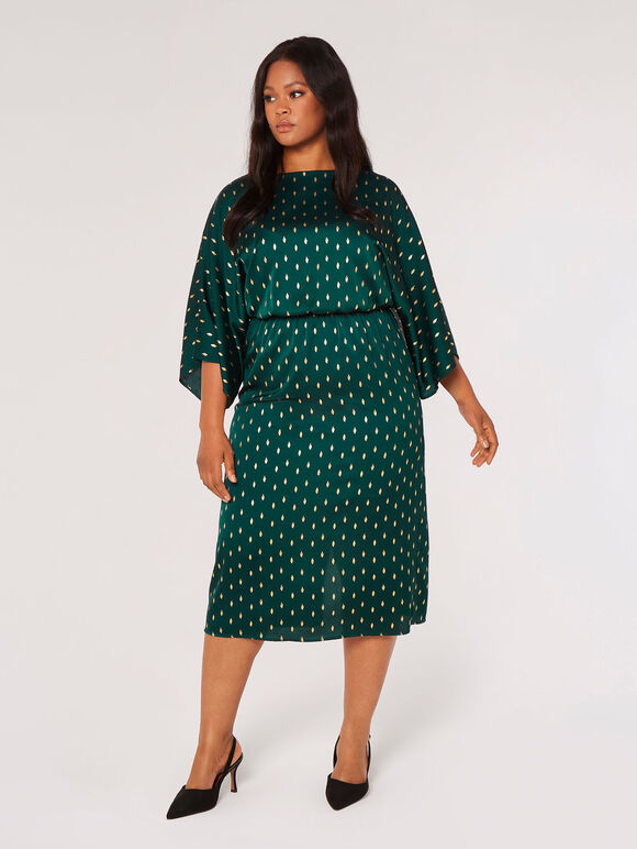 Curve Gold Foil Satin Midi Dress, Green, large