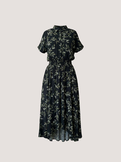 Leaf Print Hanky Hem Midi Dress