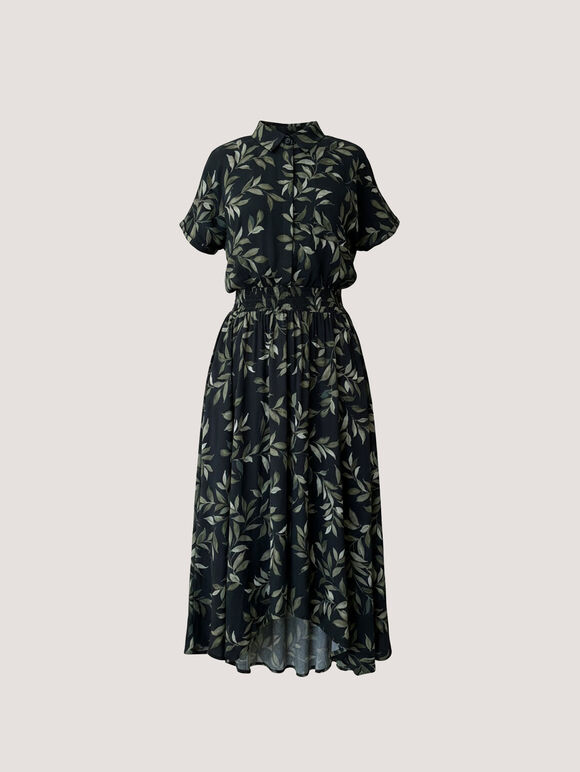 Leaf Print Shirt Midi Dress, Khaki, large