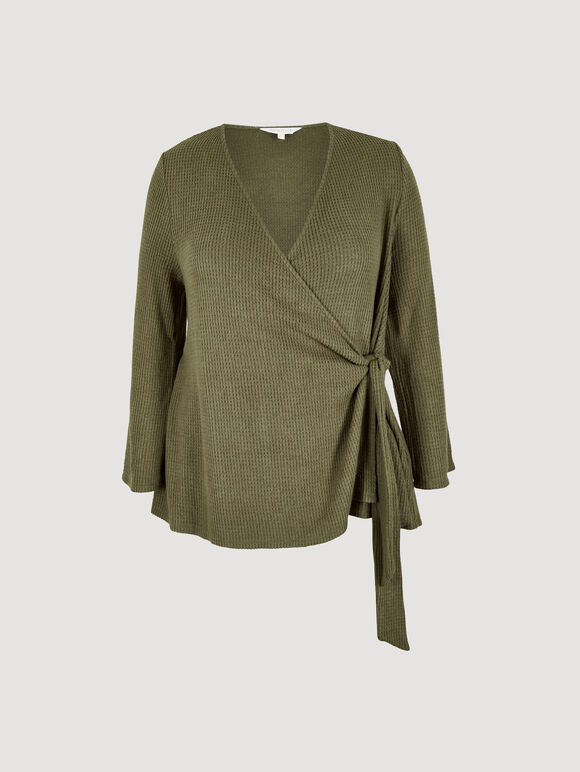 Curve Waffle Knit Wrap Top, Khaki, large