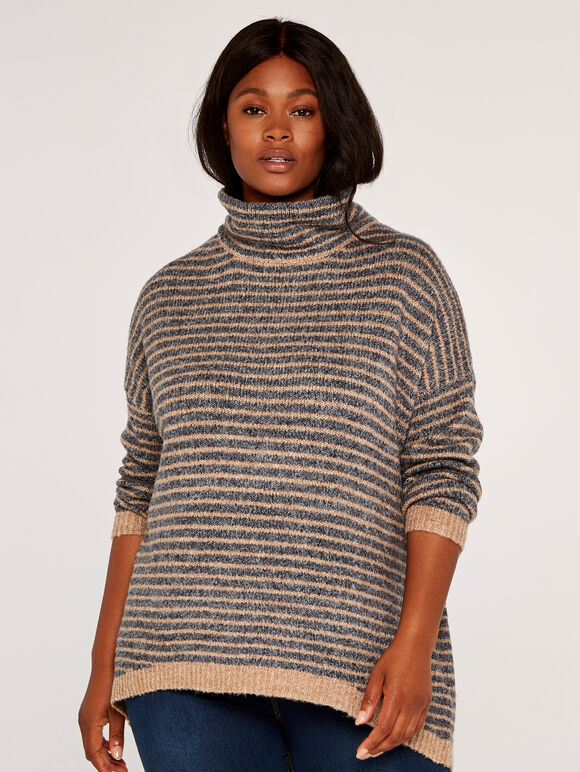 Curve High Neck Stripe Boucle Jumper, Grey, large