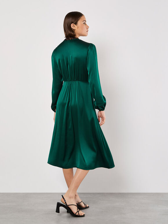 Lace Trim Satin Midi Dress, Green, large