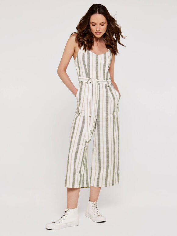 Cami Stripe Tie Jumpsuit, Khaki, large