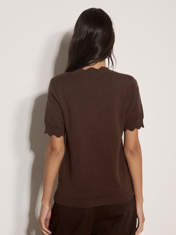 Scallop Knitted T-Shirt, Brown, large