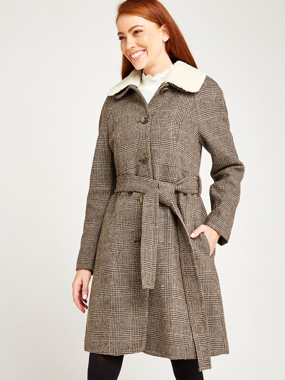 Brown Check Wool Blend Coat, Brown, large
