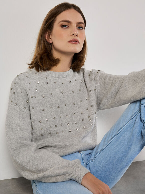 Gem Embellished Jumper, Grey, large
