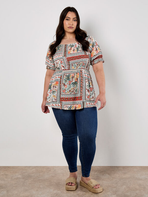 Tropical Scarf Prnt Milkmaid Top, Orange, large