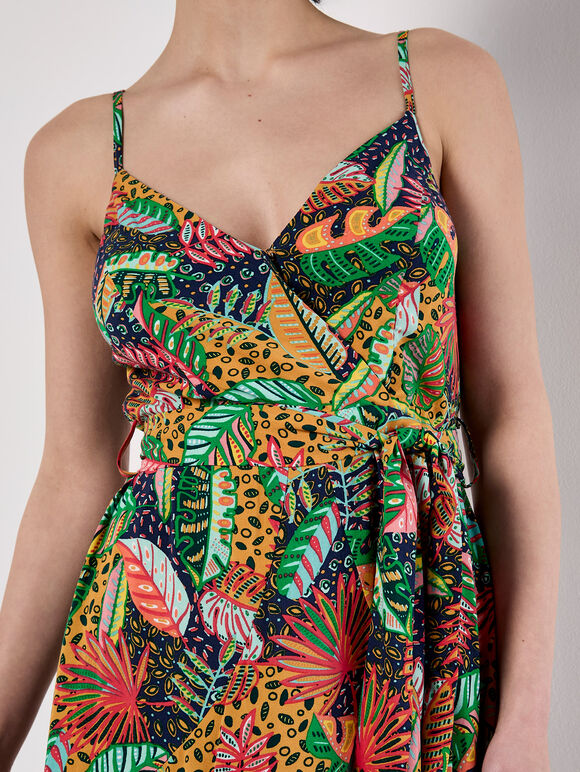 Tropical Print Tiered Cami Mini Dress, Navy, large