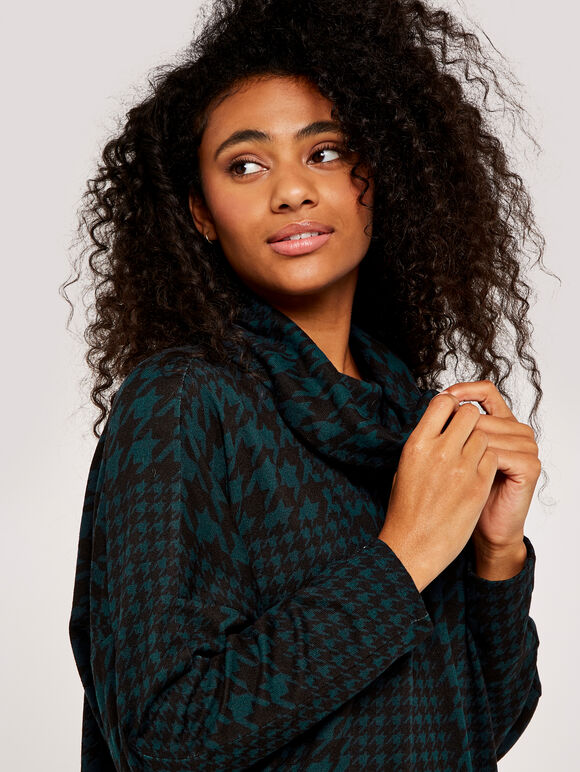 Patchwork Dogtooth Cowl Neck Top, Green, large