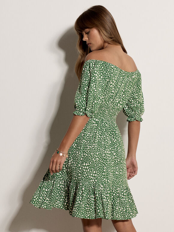 Irregular Spot Bardot Mini Dress, Thyme Green, large