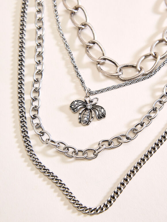 Silver Tone Multi Chain Bee Necklace, Silver, large