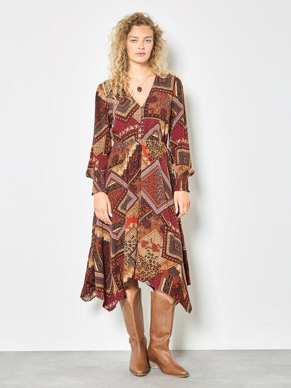 Patchwork Print Hanky Hem Midaxi Dress, Burgundy, large