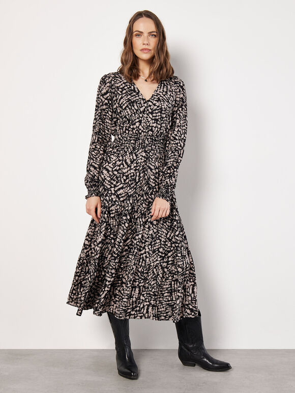 Abstract Print Tiered Midaxi Dress, Black, large