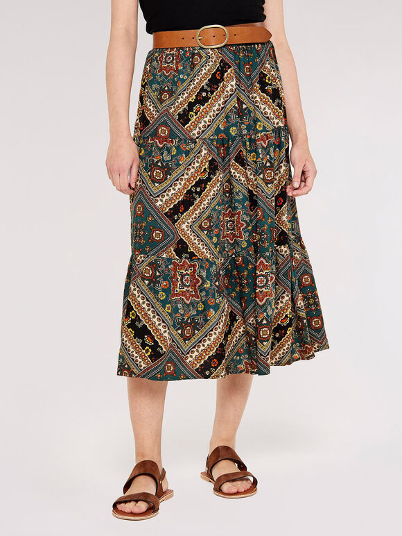 Scarf Print Tiered Skirt, Black, large