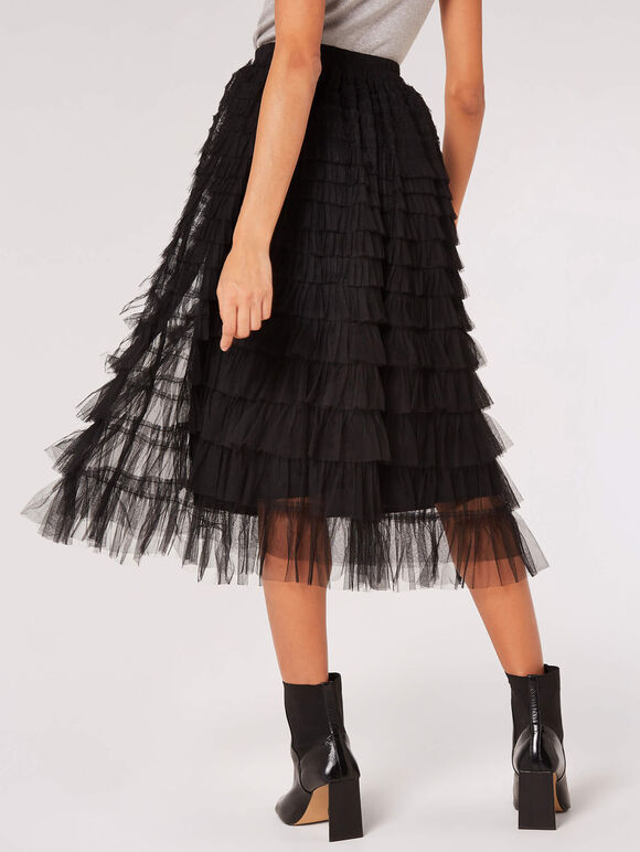 Tulle Layered Midi Skirt, Black, large