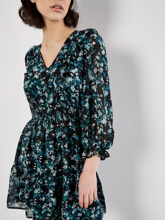 Ditsy Floral Chiffon Ruffle Dress, Green, large