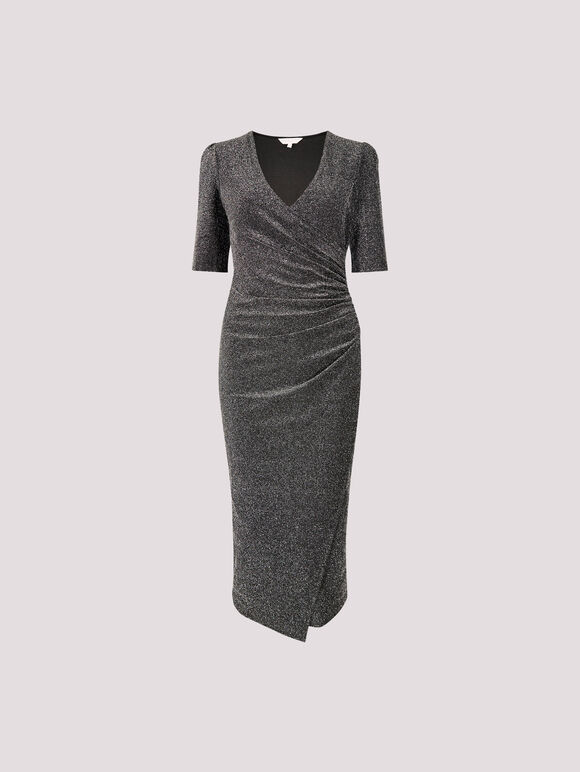 Foil Sparkle Ruched Midi Dress, Black, large