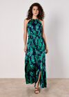 Tropical Leaf Satin Halter Neck Maxi Dress, Navy, large