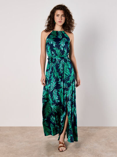 Tropical Leaf Satin Halter Neck Maxi Dress