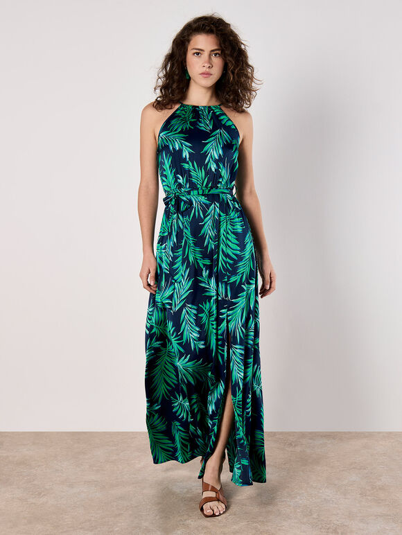 Tropical Leaf Satin Halter Neck Maxi Dress, Navy, large