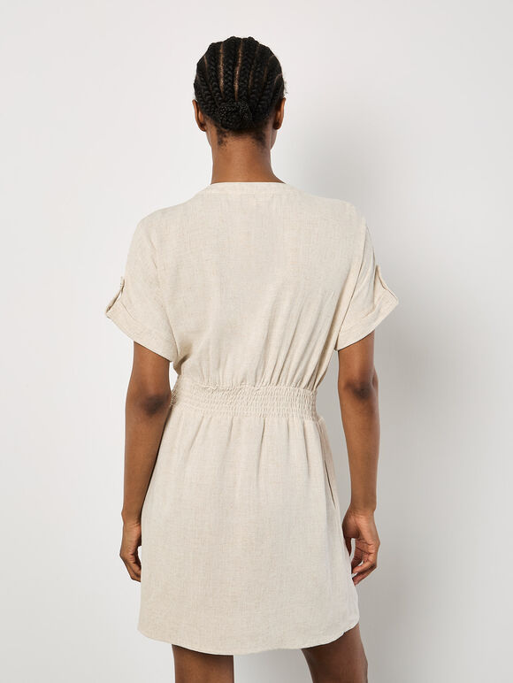 Linen Mix Utility Mini Dress, Cream, large