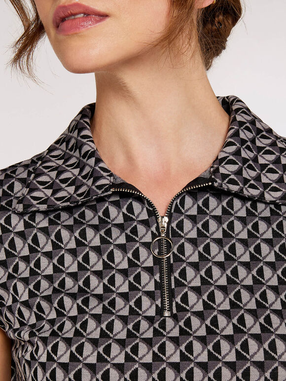 Leaf Print Retro Mini Dress, Grey, large