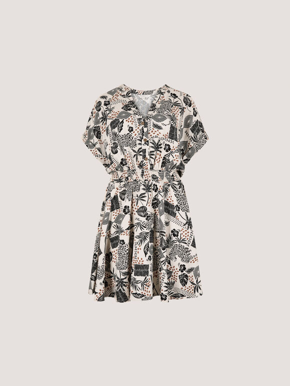 Tropical Print Linen Blend Mini Dress, Stone, large