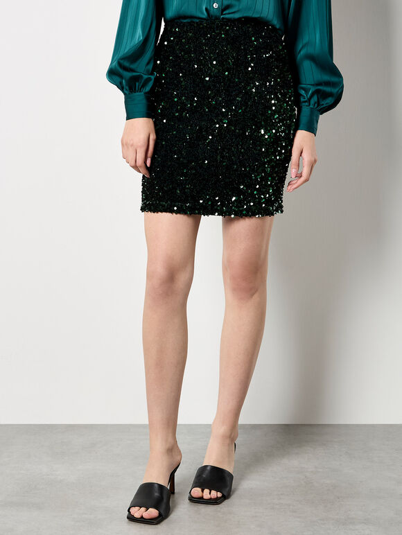 Velvet Sequin Bodycon Mini Skirt, Green, large