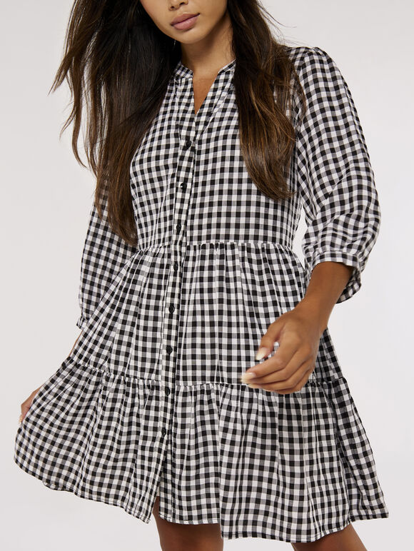 Checked Tiered Mini Dress, Black, large