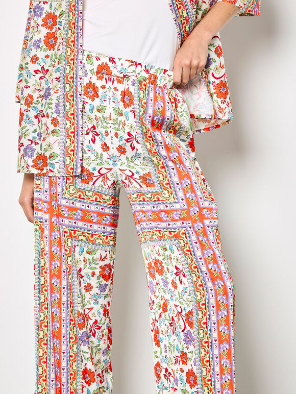 Floral Scarf Print Satin Shirt & Trouser Set, , large