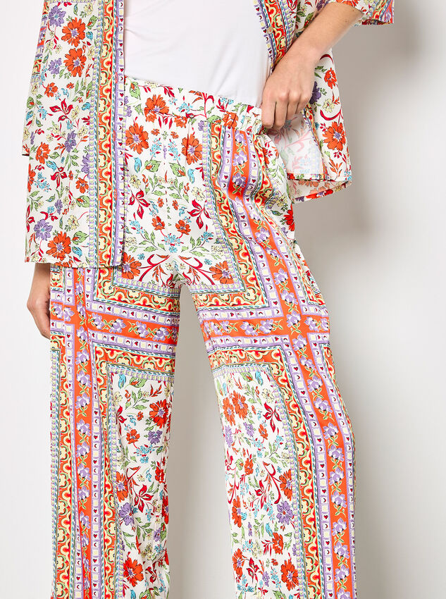 Floral Scarf Print Satin Wide-Leg Trousers, Orange, large