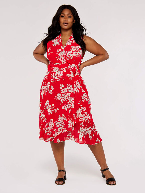 Curve Graphic Floral Wrap Dress, Red, large
