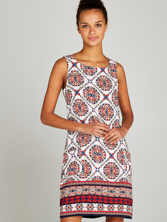 Positano Tile Print Shift Dress, Red, large