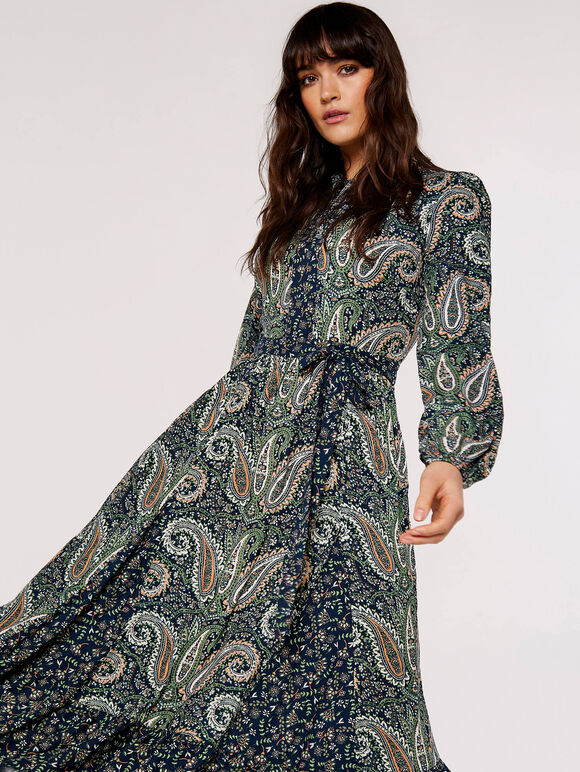 Paisley Mix-Match Midi Dress, Green, large
