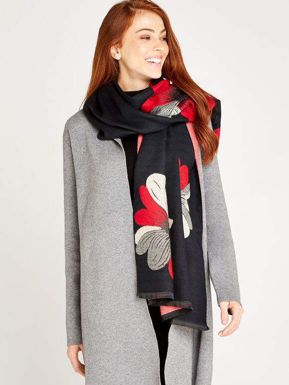 Large Woven Flowers Scarf, Red, large