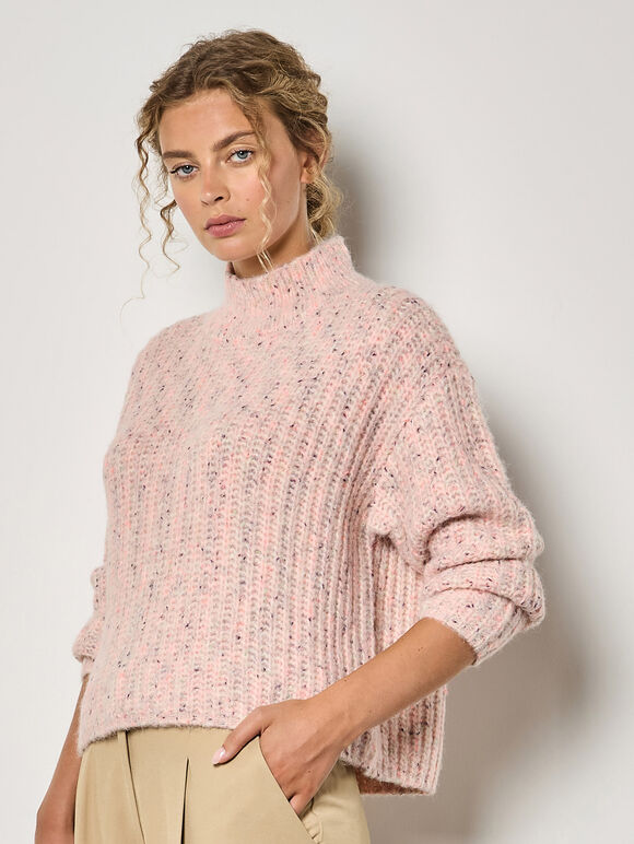 Fisherman Knit Flecked Jumper, Pink, large