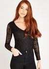 Lace V-Neck Bodysuit, Black, large