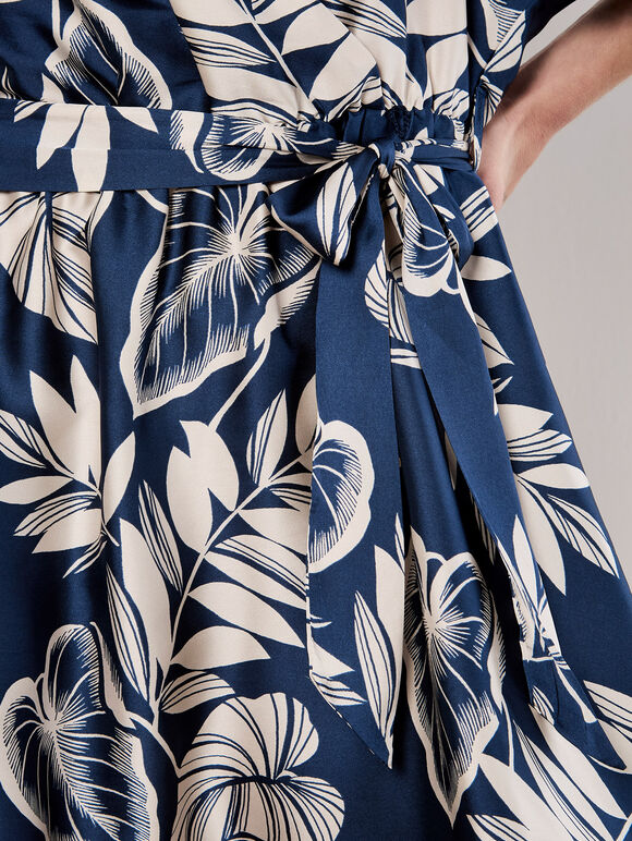 Tropical Leaf Print Satin Mini Dress, Navy, large