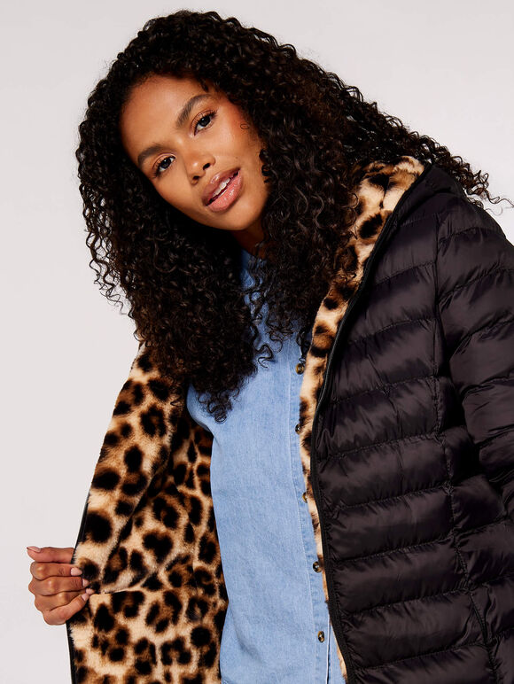 Reversible Leopard Faux Fur Puffer Coat, Black, large
