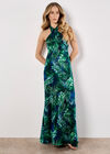 Tropical Leaf Satin Maxi Dress, Navy, large