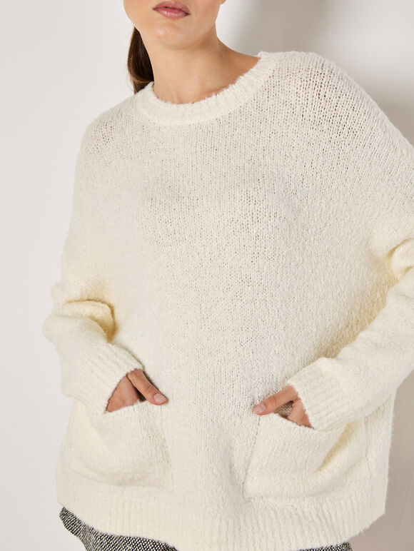 Oversized Boucle Patch Pocket Jumper, Cream, large