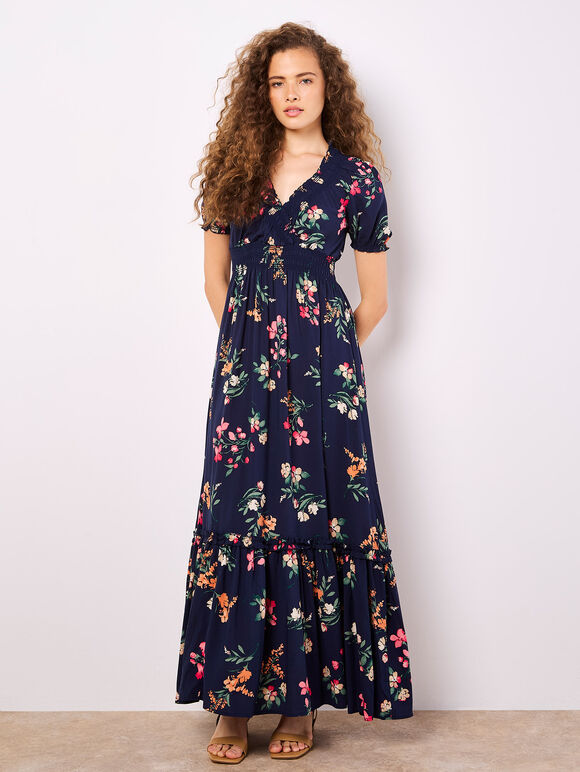 Watercolour Floral Maxi Dress, Navy, large