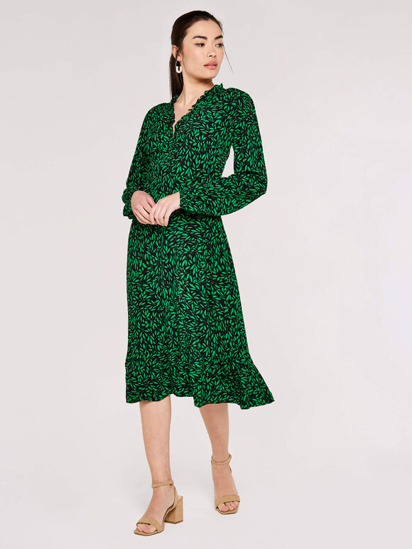 Silhouette Leaf Frill  Dress, Black, large