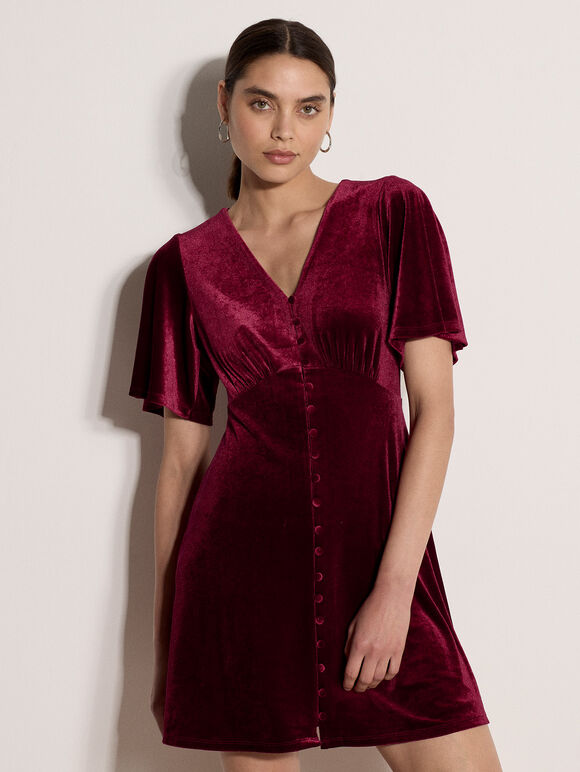 Velvet Button-Down Mini Dress, Red, large