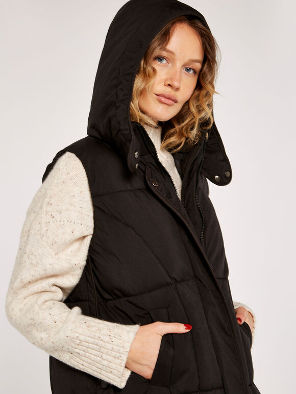 Button Longline Puffer Gilet, Black, large