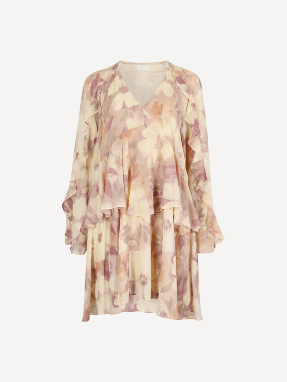 Floral Chiffon Ruffle Mini Dress, Pink, large