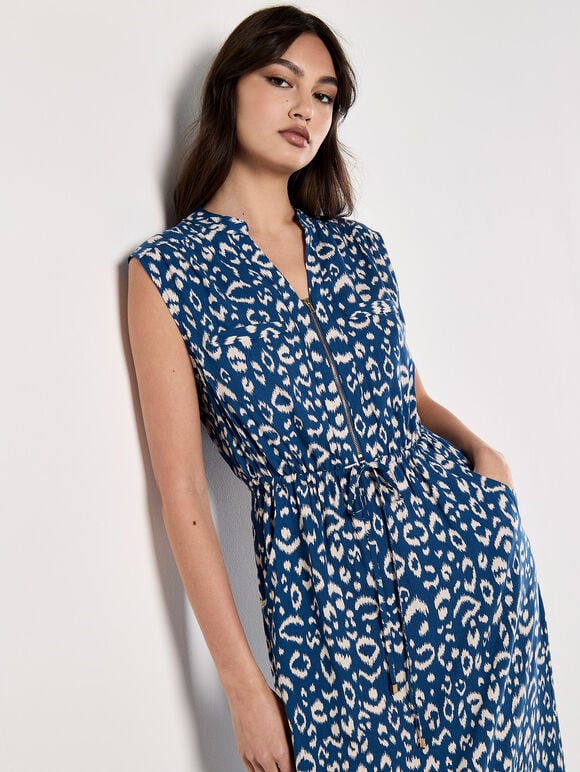 Animal Print Cotton Midi Dress, Blue, large