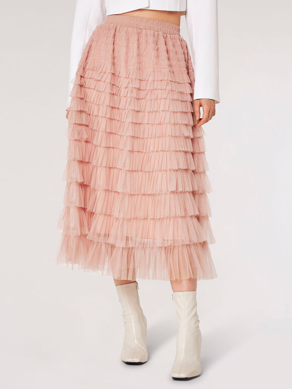 Tulle Tiered Ruffle Midi Skirt, Pink, large
