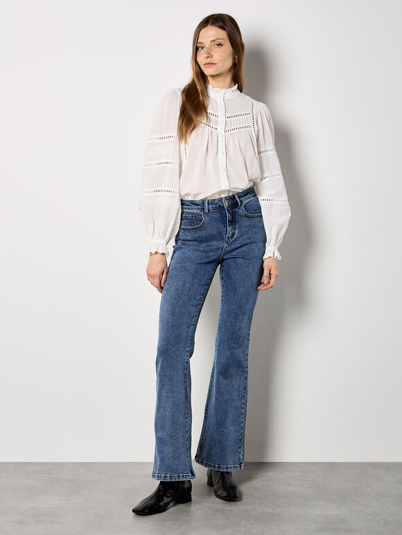 Lace Insert Ruffle Blouse, White, large