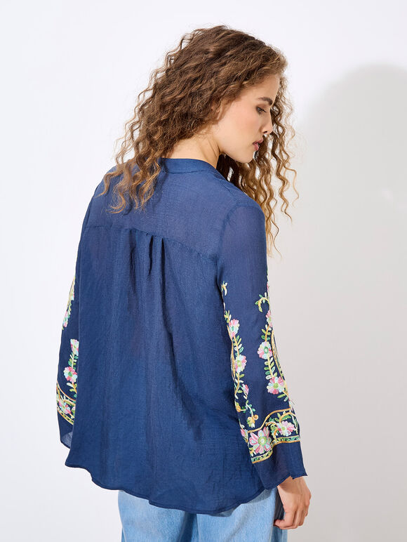 Paisley Embroidered Bell Sleeve Blouse, Navy, large